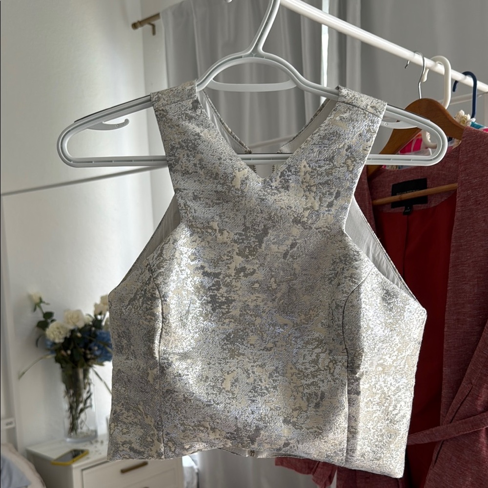 Silver and Gray Brocade Crop Top